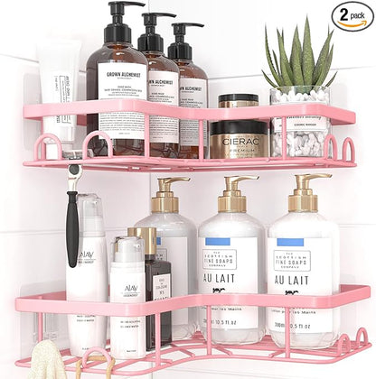 Sakugi Corner Shower Caddy - 2 Pack, Adhesive Shower Organizers, Rustproof Stainless Steel Shower Shelves with 8 Hooks, No Drilling Bathroom Organizers and Storage Racks, Space-Saving, Pink, Medium