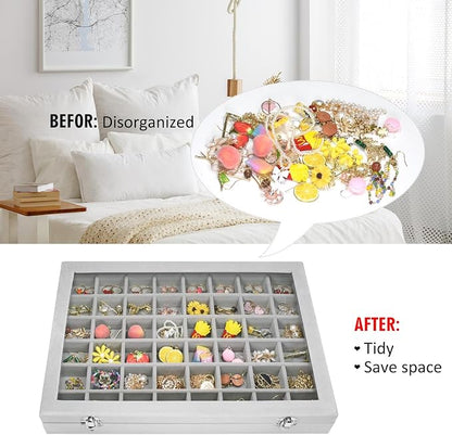 Vicoter Velvet Jewelry Tray 48 Compartments Jewelry Display Organizer with Transparent Cover Rings, Earrings, Necklaces, Pendants Storage Box for Girls, Wives, Mothers, Women
