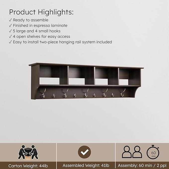 Prepac 60" Contemporary Wall Mounted Coat Rack, Coat Hooks Wall Mount with 4 Shelves, Ideal for Hallway or Entryway Hanging Solution, 11.5"D x 60"W x 16.5"H, Espresso