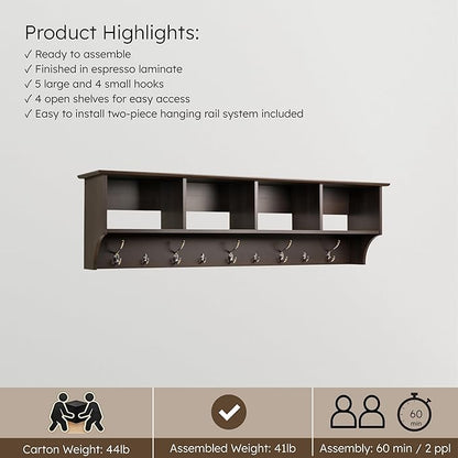Prepac 60" Contemporary Wall Mounted Coat Rack, Coat Hooks Wall Mount with 4 Shelves, Ideal for Hallway or Entryway Hanging Solution, 11.5"D x 60"W x 16.5"H, Espresso