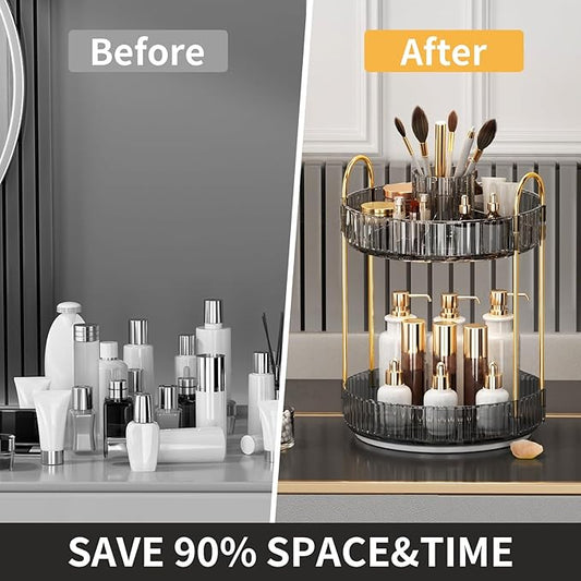 360° Rotating Makeup Organizer, Large-Capacity Skincare Make Up Storage 2 Tier Perfume Organizers Cosmetic Dresser Organizer with Makeup Brush Holder, Fits Bedroom, Bathroom, Vanity Shelf Countertop
