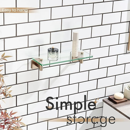 KOKOSIRI Wall Shelves Bathroom Hardware Glass Floating Shelf Small Hanging Rack Storage/Room Decor 12-Inch Champagne Bronze 2 Pack B1105CPG-L12-P2