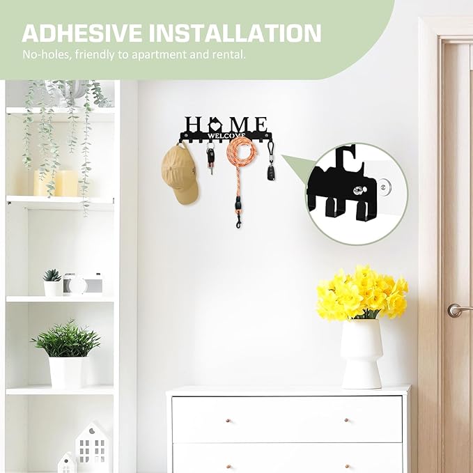 Key Holder Wall Mount, Metal Adhesive Key Hanger with 10 Hooks, 2 Installation Methods, Black