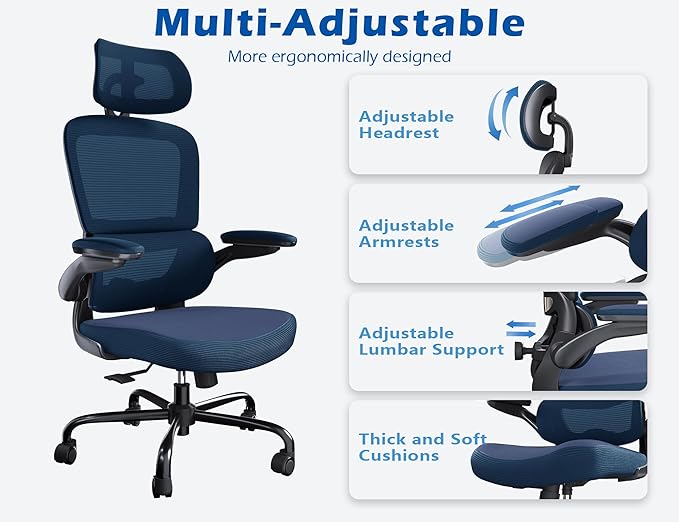 TRALT Ergonomic Office Chair - Desk Chair with Adjustable Headrest Lumbar Support Computer Chair - Mesh Comfy Chair with Flip-up Armrests - Gaming Chairs for Adults Home Office (Leather, Navy Blue)