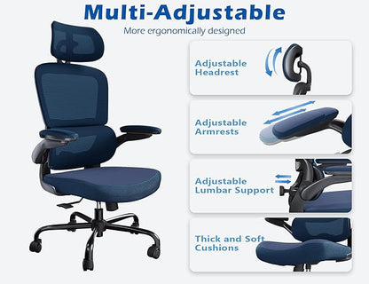 TRALT Ergonomic Office Chair - Desk Chair with Adjustable Headrest Lumbar Support Computer Chair - Mesh Comfy Chair with Flip-up Armrests - Gaming Chairs for Adults Home Office (Leather, Navy Blue)