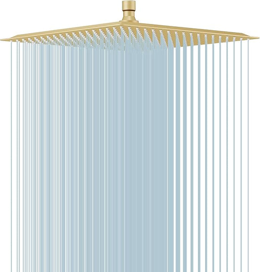 BESy 16 Inch Rain Shower Head, 16" Square Rainfall & High Pressure Stainless Steel Bath Showerhead, 1/16" Ultra Thin, Waterfall Full Body Coverage with Silicone Nozzle, Brushed Gold