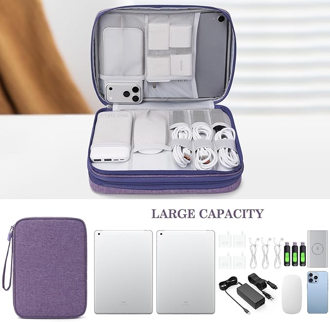 FYY Electronic Organizer, Extra Large Travel Cable Organizer Bag Pouch Portable Waterproof Double Layers All-in-One Storage Bag for iPad, Cable, Power Bank, Laptop Charger for Office/Home, Dark Purple