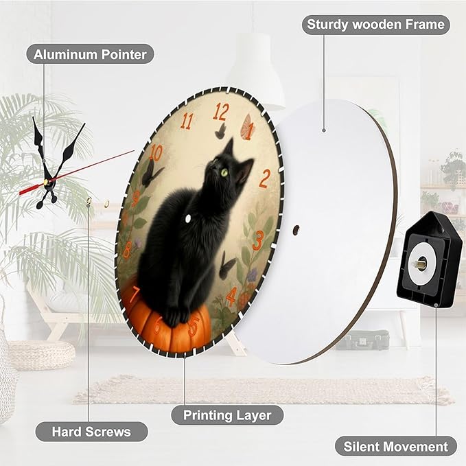 Wall Clock， Novelty Non Ticking Wall Clocks Battery Operated， Orange Wooden Wall Clocks for Kitchen， Living Room， Bedroom， Office， Bathroom Decorative. Featuring Black Cat And Pumpkin， Halloween Theme