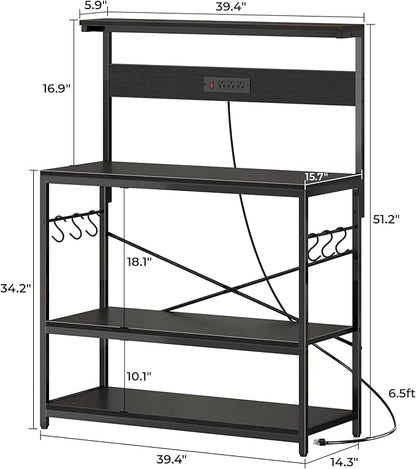 SUPERJARE Bakers Rack with Power Outlets, Microwave Stand, 39.4 X 14.3 Inch Larger Desktop, Kitchen Storage Rack with Adjustable Middle Shelf, 6 S-Shaped Hooks, Coffee Bar Stand, Black
