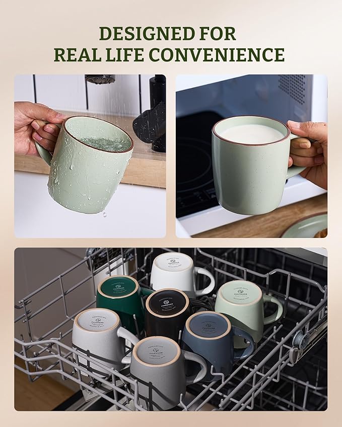 famiware Mercury Coffee Mugs 13 oz, Coffee Mugs Set of 6 with Handle, Cups for Latte, Hot Tea, Cappuccino, Mocha, Cocoa, Light Green
