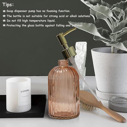 Glass Soap Dispenser with Gold Plastic Pump, 13.5oz Refillable Liquid Hand Soap Dispenser, 2 Pack Crystal Lotion Bottle for Modern Home Decor, Bathroom, Kitchen Countertop, Hotel(Orange)