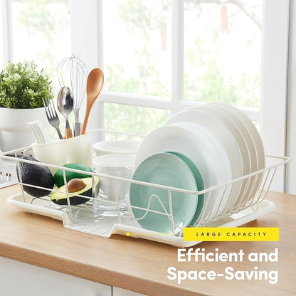 Sweet Home Collection Space-Saving 3-Piece Dish Drainer Rack Set: Efficient Kitchen Organizer for Quick Drying and Storage - Includes Cutlery Holder and Drainboard - Maximize Countertop Space, Ivory