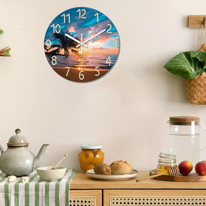 XFM Blue Nautical Beach Wall Clocks Battery Operated Palm Tree Wall Clocks for Living Room 12 Inch Round Glass Silent Wall Clock Non Ticking Sunset Clock