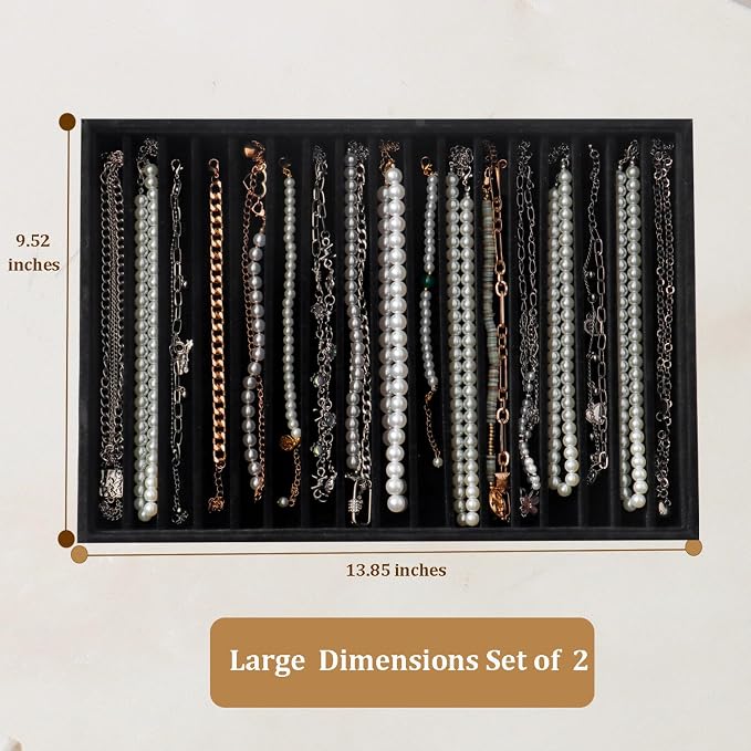 Large Velvet Jewelry Tray 2 Pack Stackable Jewelry Display Drawer Inserts Trays Organizer for Earring Bracelet Necklace Ring (Black, 16 Grids)