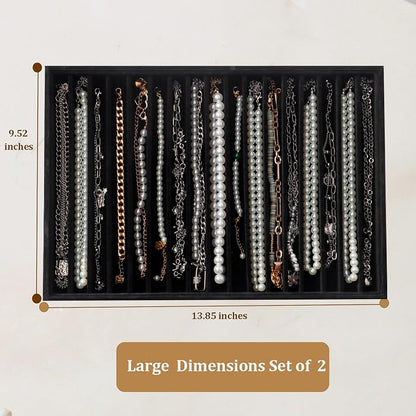 Large Velvet Jewelry Tray 2 Pack Stackable Jewelry Display Drawer Inserts Trays Organizer for Earring Bracelet Necklace Ring (Black, 16 Grids)