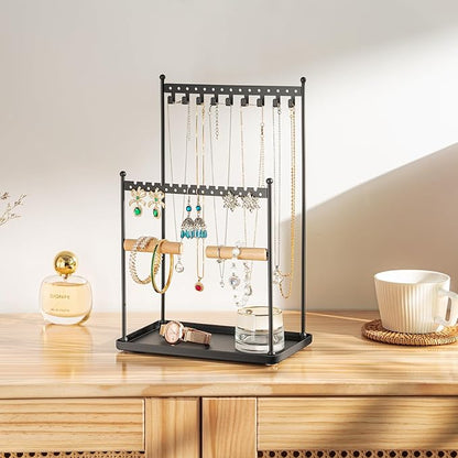 3 Tier Black Jewelry Stand, Necklace Organizer, Earring Holder with 44 Holes and 9 Hooks, for Necklaces, Bracelets, Rings