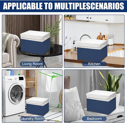 Bagnizer Large 42 Quarts Fabric Storage Bins with Lids [2-Pack] Linen Collapsible Foldable Baskets, Closet Organizer Containers boxes with Handles for Home Office (16.7 x 12 x 12, Navy Blue & White)