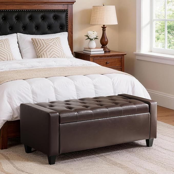 Ottoman with Storage，Storage Ottoman Bench, Faux Leather Storage Bench for Bedroom with Safety Hinge，Bedroom Benches with Seating for Living Room, Entryway (Dark Brown-PU)