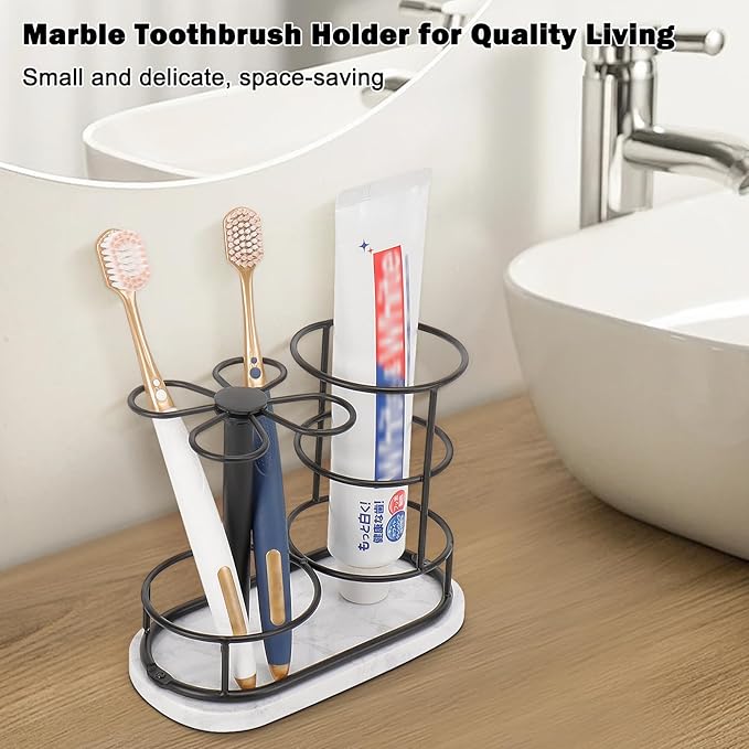 Toothbrush Holder Stand for Bathroom, Metal Toothbrush Organizer with Marble Base, Toothbrush Storage Collection for Family, Suitable for Home Hotel Countertop Vanity (Medium, Matte Black)