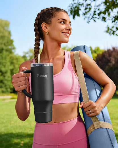 Renoj Tumbler with Handle 100% Spill Resistant Insulated Water Bottle for Iced Coffee & Hot Drinks - Fits Car Cup Holder, Ideal Gift, 2 Straws & Silicone Boot BPA-Free - FlexSlide Black 32 oz
