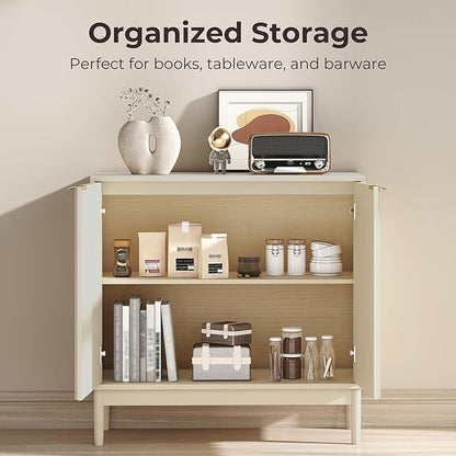 Fluted Cabinet with Storage, Buffet Cabinet Sideborad with 2 Doors, Beige Buffet Storage Accent Cabinets with Adjustable Shelves for Living Room, Entry, Hallway, Kitchen
