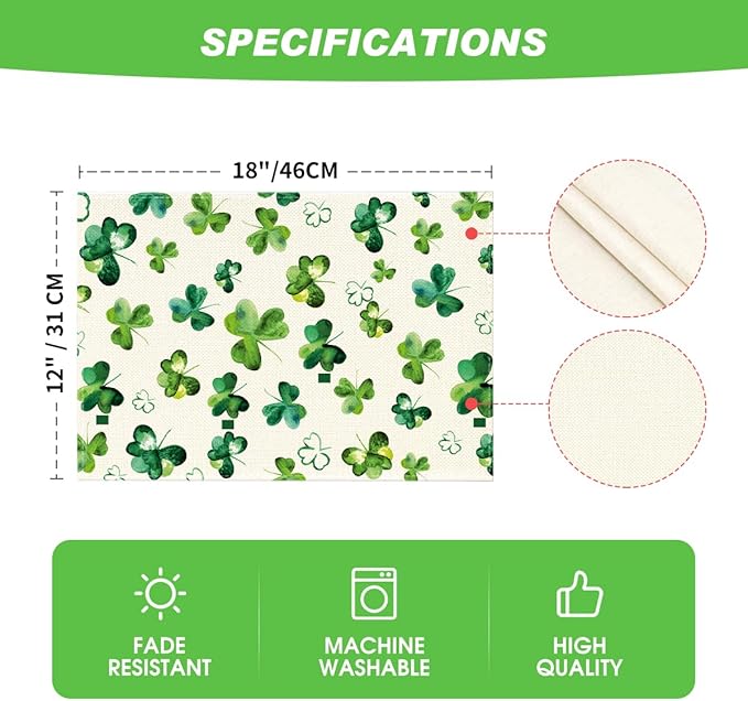 Artoid Mode Lucky Shamrock St. Patrick's Day Placemats Set of 6, 12x18 Inch Seasonal Spring Table Mats for Party Kitchen Dining Decoration