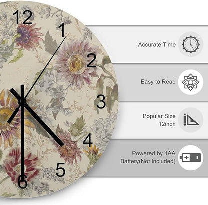 Retro Floral Wall Clock, William Morris Style Vintage Sunflower Garden Plants Herbs Flowers Round Clocks Wall Decor Silent No Ticking 12 Inch Wooden Clock for Bedroom Living Room Home Office