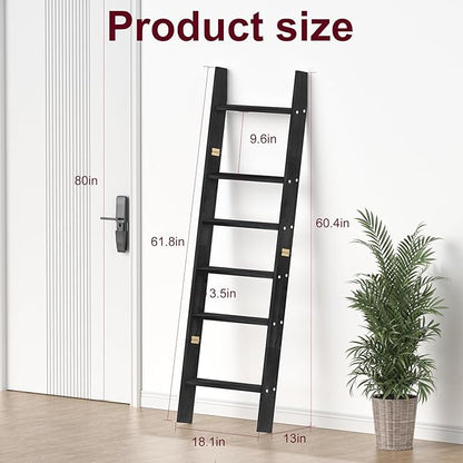 HONEST OUTFITTERS Blanket Ladders for The Living Room, 6-Tier Blanket Holder, Wall-Leaning Blanket Rack, Ladder Shelves, Wooden Quilt Ladder, Farmhouse Decor, Black