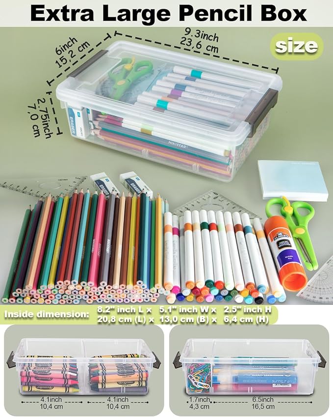GEOPHIA 12 Pack Extra Large Pencil Box with Removable Divider, Thickened Pencil Case Bulk, Clear Crayon Marker Organizer Stackable Plastic Small Storage Containers for Pen Craft School Supplies(Grey)