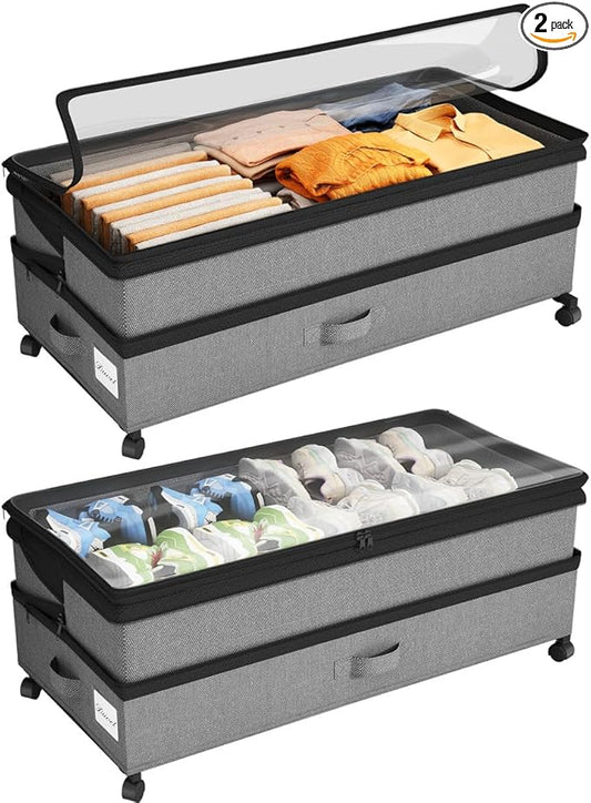 Kitstorack Under Bed Storage with Wheels 2Pack Height-adjustable Under Bed Storage Containers,Under Bed Shoe Storage Organizer with Clear Window&Label, Suitable for Clothes Storage, Gray