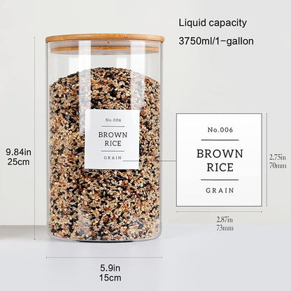 HHMJSM 1 Gallon Large Glass Food Storage Containers With Airtight Bamboo Lid - Kitchen Glass Storage Jars Canister With 42 Pantry Labels - Thicken Big Clear Rice Containers For Your Pantry