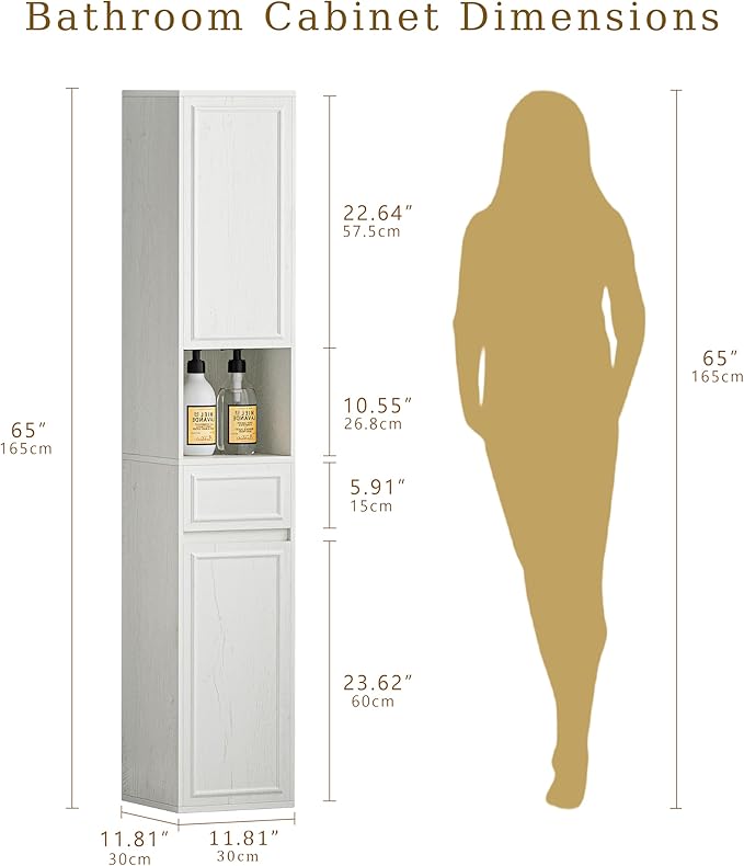 Tall Bathroom Storage Cabinet, Wall Mounted or Floor Mounted,Narrow Slim Wall Cabinet with 2 Door, 1 Drawer, Open Shelf for Living Room, 11.81" D x 11.81" W x 65" H (Line White, 1 PCS)