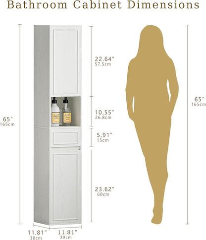 Tall Bathroom Storage Cabinet, Wall Mounted or Floor Mounted,Narrow Slim Wall Cabinet with 2 Door, 1 Drawer, Open Shelf for Living Room, 11.81" D x 11.81" W x 65" H (Line White, 1 PCS)