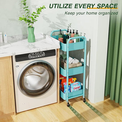 LEHOM 3 Tier Rolling Storage Cart, Metal Trolley Utility Cart with Wheels & Hooks, Easy Assembly Organizer Storage Cart for Bathroom Kitchen Office Bedroom