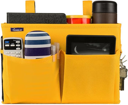 Surblue Bedside Caddy Hanging Bed Organizer Storage Bag Pocket for Bunk and Hospital Beds, College Dorm Rooms Baby Bed Rails, Camp 4 Pockets and 2 Hooks (Small, Yellow)