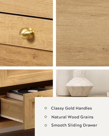 Dresser for Bedroom with 3 Drawers Set of 2, Farmhouse Closet Storage Organizer with Golden Handles, Wooden Nightstand End Table for Living Room, Bedroom, Entryway, Hallway, Natural Oak