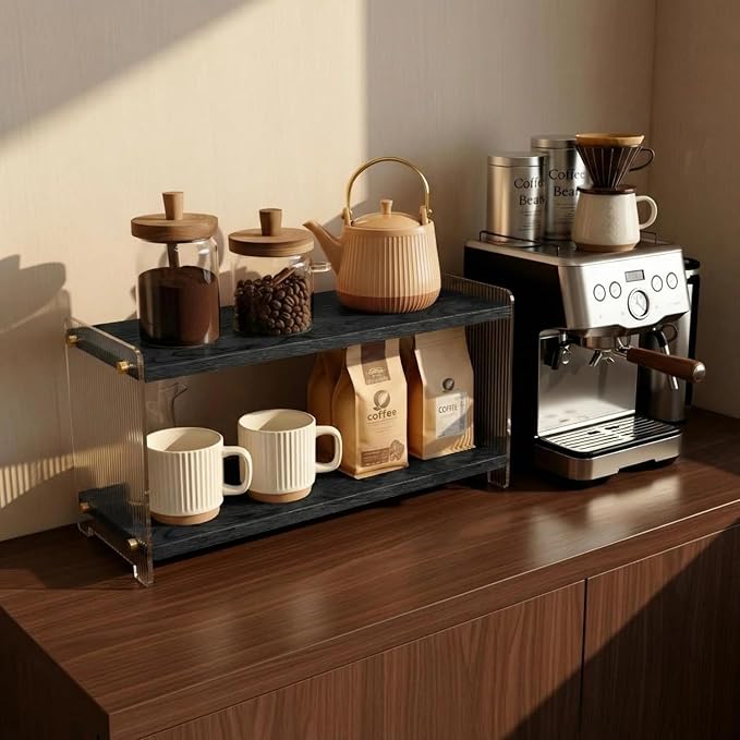 Coffee Station Organizer 2 Tier, Solid Wood Mug Shelffor Coffee Bar,Matcha Station,Tea Storage - Holds Mugs,Beans,Syrup,Cups,Tirrers (Black, 15.4" L x 5.7" W x 8.2" H)