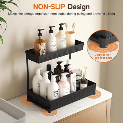 Sevenblue 3 Pack Multi-Purpose Pull-Out Storage Organizers, 2-Tier L-Shaped Under Sink/Cabinet Organizers and Storage for Bathroom & Kitchen,Black,14.85 Inch