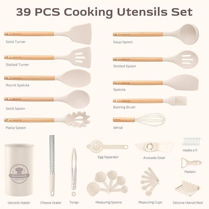 Astercook Kitchen Utensils set, 39 PCS Silicone Cooking Utensils Set with Wooden Handle, 446°F Heat Resistant Food Grade Utensil Sets, BPA Free Kitchen Gadgets Tools Set for Nonstick Cookware (Cream)