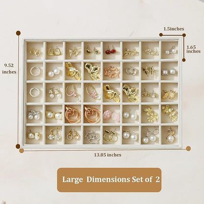Large Velvet Jewelry Tray 2 Pack Stackable Jewelry Display Drawer Inserts Trays Organizer for Earring Bracelet Necklace Ring (Beige, 40 Grids)