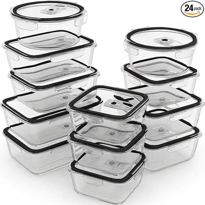 Razab 24 Pc Airtight Glass Food Storage Containers - Glass Meal Prep Containers - Freezer to Oven Safe - Steam Release Valve BPA Free - Airtight Bento Boxes - Leak Proof (12 lids & 12 Containers)