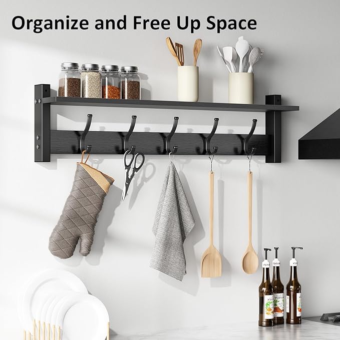 Coat Rack Wall Mount with Shelf, 29 Inch Coat Hanger Walls Mounted, Hat Rack for Walls, Shelf with 5 Coat Hooks, Wall Hanger for Entryway (Black)