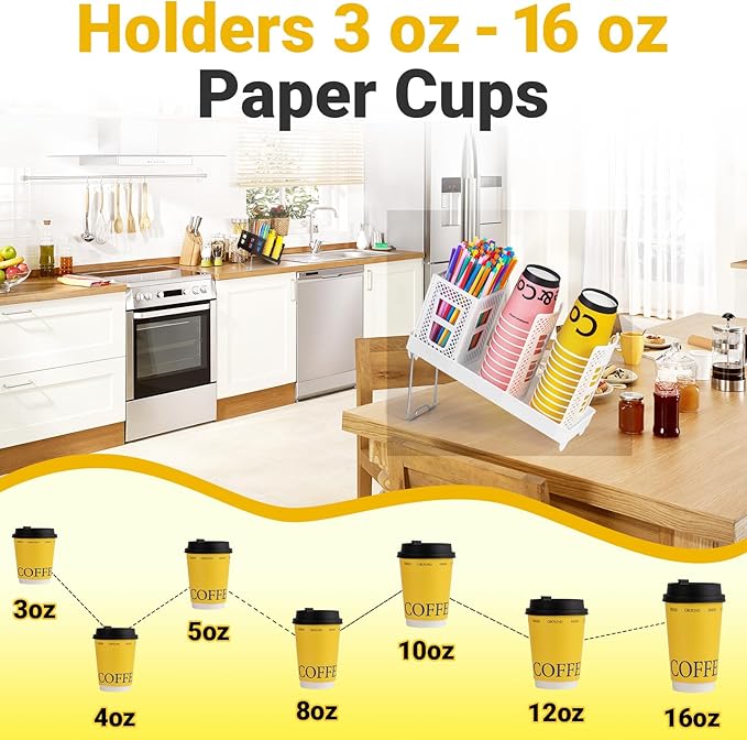 Cup and Lid Holder, Disposable Paper Cup Dispenser with Coffee Pod Straw Storage Basket, Countertop Coffee Cup Holder for Coffee Stations, Bars, Break Rooms, Living Rooms, Parties (White)