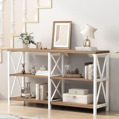 IBF Farmhouse Entryway Table, Wood TV Console Table, Rustic Metal Sofa Table, Industrial Hallway Tables with Storage Shelves, Modern Foyer Tables for Front Entry Way, White and Rustic Oak, 47 Inch