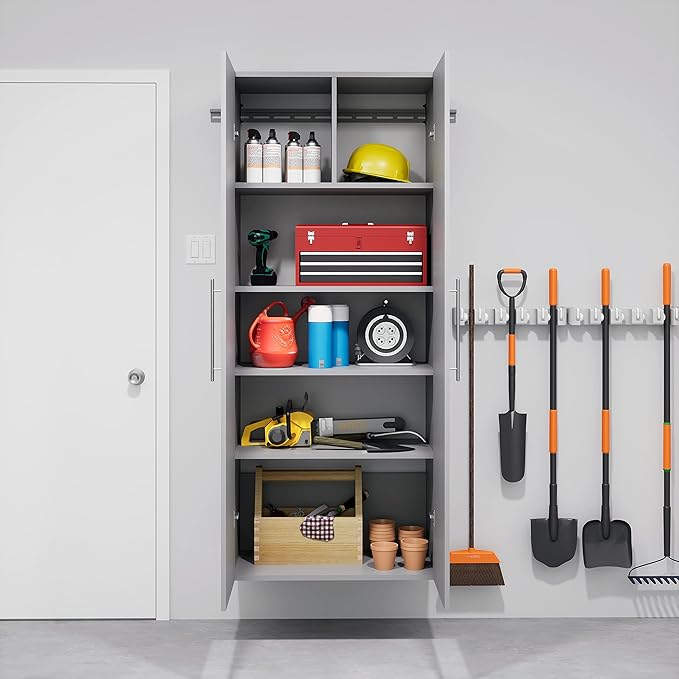 Prepac HangUps 30" Large Garage Cabinet, Bathroom Cabinet Wall Mount, Ideal for Garage, Kitchen and Laundry Organization 30" W x 72" H x 16" D, Light Gray