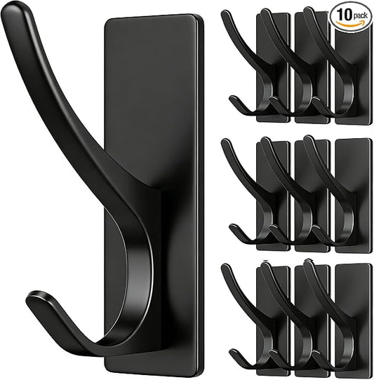 pickpiff 10 Pack Matt Black Self Adhesive Coat Hooks for Hanging: 13LB Extra Strong Stainless Wall Hook for Towel, Utensil, Backpack, Hat, Sturdy Metal Hanger for Bathroom, Kitchen, Door
