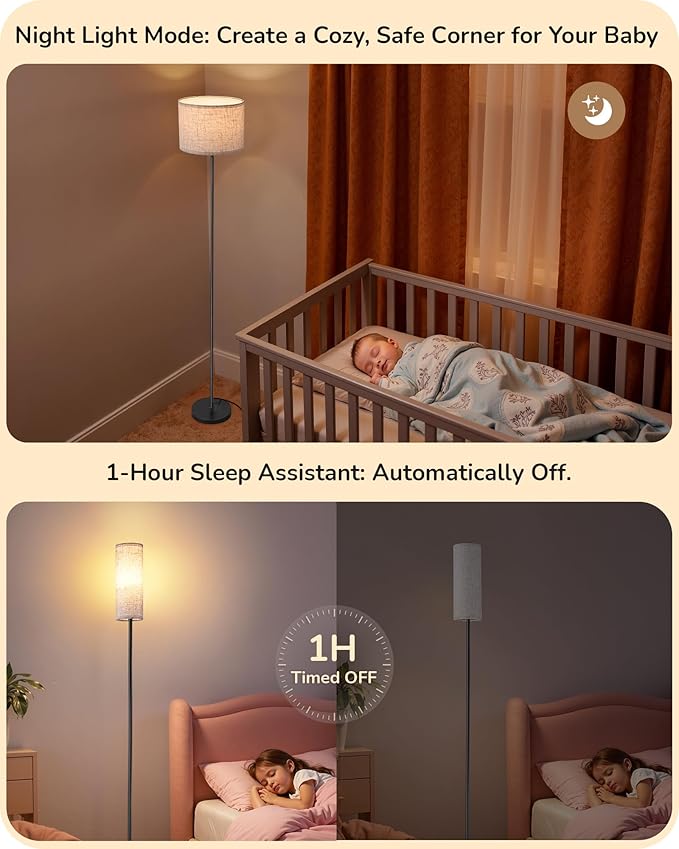 EDISHINE Dual Shades Floor Lamp with Foot Switch, Dimmable Floor Standing Lamp with 9W LED A19 Light Bulb, Remote Custom Color Temperature Pole for Living Room, Bedroom, Office, E26, Black