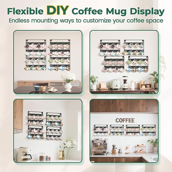 EsLuker.ly Mug Holder Hanger Rack Wall Mounted Wooden 4 Pack Coffee Cup Storage Organizer Display Shelf with 32 Movable Plastic Hooks, Ideal for Mug Collectors, Black