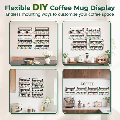 EsLuker.ly Mug Holder Hanger Rack Wall Mounted Wooden 4 Pack Coffee Cup Storage Organizer Display Shelf with 32 Movable Plastic Hooks, Ideal for Mug Collectors, Black