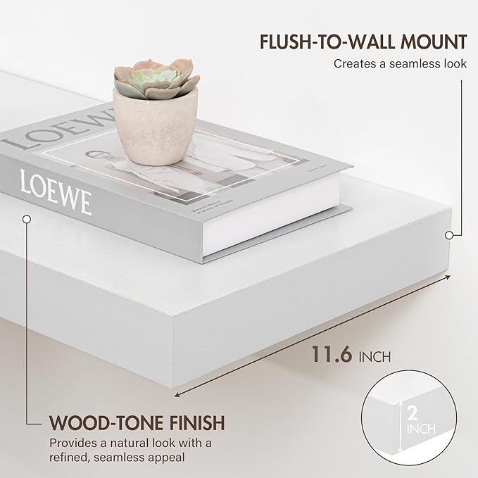 Acovy 36 Inch Floating Shelves, 12" Deep Floating Shelf Wall Mounted, 36" Wall Shelves, Rustic Deep Bookshelf, Extra Deeper & Thicker Display Shelves for Bedroom, Living Room, White, Set of 2